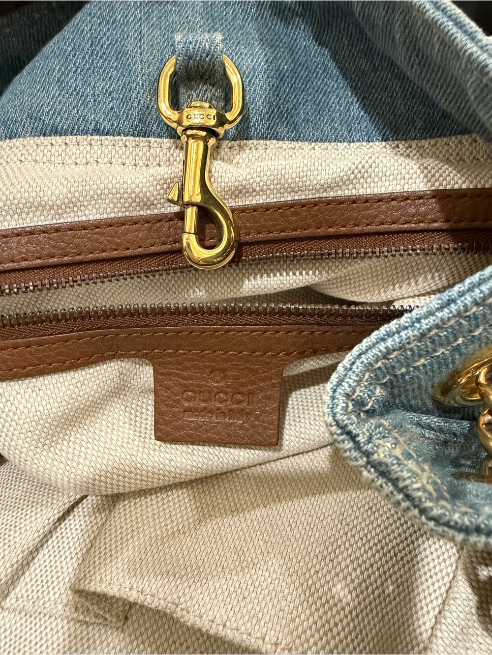 Gucci Light Blue Denim Shoulder Bag with Brown Leather Tassel and Gold Chain - Picture 6 of 7
